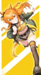 Rule 34 | 1girl, absurdres, animal ears, belt, black thighhighs, blush, bomber jacket, bow, clenched hands, commentary, crop top, dog tags, ear bow, floating hair, green jacket, grin, highres, horse ears, horse girl, horse tail, jacket, long hair, long sleeves, looking at viewer, mayano top gun (umamusume), midriff, navel, open mouth, orange hair, running, shirt, shoes, short shorts, shorts, smile, solo, symbol-only commentary, tail, tamayume, teeth, thighhighs, two side up, umamusume, v-shaped eyebrows, white shorts, yellow eyes