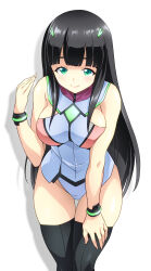 Rule 34 | absurdres, armpit cutout, black hair, bodysuit, breasts, clothing cutout, green eyes, gundam, gundam breaker 4, hair ornament, highres, long hair, sheena (gundam), simple background, sleeveless, smile, thighhighs, tsunashima shirou, white background, wristband