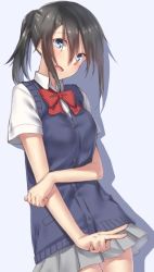 Rule 34 | 1girl, black hair, blue eyes, blush, cardigan vest, looking at viewer, mikazuchi zeus, one side up, open mouth, original, school uniform, short hair, simple background, skirt, smile, solo, sweater vest, v