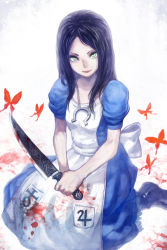 Rule 34 | 1girl, alice: madness returns, alice (alice in wonderland), alice in wonderland, alice liddell (american mcgee&#039;s alice), american mcgee&#039;s alice, black hair, blood, brown hair, bug, butterfly, dress, green eyes, highres, insect, knife, lack, long hair, smile, solo