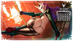 Rule 34 | 1girl, armor, ass, boots, border, breasts, brown thighhighs, copyright request, demon horns, from behind, glowing, glowing eyes, high heel boots, high heels, highres, holding, holding weapon, horns, long hair, mask, medium breasts, pointy ears, pole dancing, purple hair, solo, spiked, themaestronoob, thighhighs, thong, weapon, white border