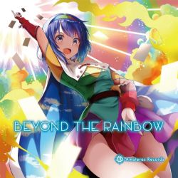 Rule 34 | 1girl, album cover, arm up, blue eyes, blue hair, blush, cloak, cover, cowboy shot, dress, givuchoko, hairband, index fingers raised, long sleeves, multicolored hairband, open mouth, patchwork clothes, rainbow gradient, short hair, sky print, solo, tenkyuu chimata, touhou, white cloak