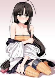 Rule 34 | 1girl, ahoge, bandeau, bare shoulders, black hair, black skirt, brown eyes, gradient background, hadanugi dousa, japanese clothes, kantai collection, kimono, kumadano, long hair, looking at viewer, low-tied long hair, open clothes, open kimono, pleated skirt, shouhou (kancolle), skirt, solo, strapless, thighhighs, tube top, very long hair, white background, yellow thighhighs, zettai ryouiki