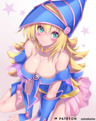 Rule 34 | 1girl, absurdres, artist name, bare shoulders, blonde hair, blue dress, blush stickers, breasts, cleavage, closed mouth, collar, commentary request, dark magician girl, dress, duel monster, fingernails, gradient background, green eyes, hat, highres, kamehito, large breasts, lips, long hair, looking at viewer, nail polish, off-shoulder dress, off shoulder, pentacle, see-through, shiny skin, simple background, sitting, smile, star (symbol), wariza, wizard hat, yu-gi-oh!, yu-gi-oh! duel monsters
