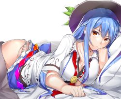 Rule 34 | 1girl, ass, bed, blue hair, blush, breasts, cleavage, dress, food, fruit, hat, hinanawi tenshi, large breasts, leaf, long hair, looking at viewer, lying, neropaso, on bed, on side, panties, peach, red eyes, ribbon, short sleeves, side-tie panties, simple background, solo, touhou, underwear, white background