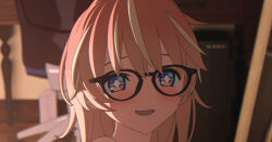 Rule 34 | + +, 1girl, 3d, black-framed eyewear, blender (medium), blonde hair, blurry, blurry background, bright pupils, cel shading, commentary, english commentary, flower, glasses, hair down, hair flower, hair ornament, indoors, light smile, looking at viewer, medium hair, mixed-language commentary, multicolored eyes, multicolored hair, open mouth, orange hair, pink eyes, portrait, purple eyes, rinne (rinrinne), rinrinne, rinrinne39 (artist), smile, solo, streaked hair, sweat, virtual youtuber, white pupils