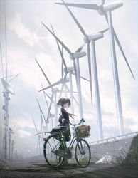 Rule 34 | 1girl, bicycle, black hair, black sailor collar, black serafuku, black shirt, black skirt, black thighhighs, blue eyes, blue sky, briefcase, brown footwear, cloud, cloudy sky, commentary request, day, film grain, highres, long sleeves, looking at viewer, neckerchief, original, outdoors, pleated skirt, red neckerchief, revision, sailor collar, satellite dish, school briefcase, school uniform, serafuku, shirt, shoes, skirt, sky, solo, standing, swav, thighhighs, wind, wind turbine, windmill