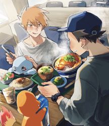 Rule 34 | 2boys, baseball cap, blue oak, blush, bowl, carton, chair, charmander, collarbone, commentary request, creatures (company), fingernails, food, game freak, gen 1 pokemon, glass, hat, highres, holding, holding tray, indoors, licking lips, male focus, multiple boys, nintendo, orange hair, pokemon, pokemon (creature), pokemon rgby, pokemon sm, red (pokemon), salad, shirt, sitting, squirtle, sweatdrop, table, tokeru, tongue, tongue out, tray