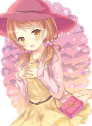 Rule 34 | 10s, 1girl, bag, brown dress, brown eyes, brown hair, dress, floral print, hair ornament, handbag, harukaruha, hat, highres, houjou karen, idolmaster, idolmaster cinderella girls, interlocked fingers, jacket, jewelry, long hair, long sleeves, low twintails, necklace, open clothes, open jacket, open mouth, pendant, smile, solo, twintails