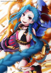 Rule 34 | 1girl, asymmetrical gloves, bad id, bad pixiv id, bandolier, bare shoulders, bikini, bikini top only, blue hair, boots, braid, breasts, bullet, explosion, explosive, fingerless gloves, gloves, grenade, gun, heavy machine gun, jewelry, jinx (league of legends), league of legends, long hair, machine gun, mismatched gloves, necklace, pink eyes, running, saruei, small breasts, smile, smoke, solo, standing, standing on one leg, swimsuit, tattoo, very long hair, weapon, weapon on back