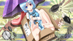 Rule 34 | 1girl, amazon (company), barefoot, blue eyes, blue hair, box, breasts, commentary request, evandragon, feet, foot focus, heterochromia, highres, in box, in container, karakasa obake, matching hair/eyes, musical note, quaver, red eyes, short hair, smile, soles, solo, tatara kogasa, teasing, toes, tongue, tongue out, touhou, umbrella