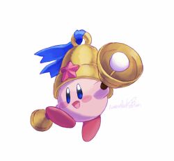 1boy bell bell_kirby blue_eyes blue_ribbon blush blush_stickers commentary copy_ability english_commentary full_body highres holding holding_bell kamabokobun kirby kirby:_triple_deluxe kirby_(series) nintendo open_mouth ribbon signature simple_background smile solo star_(symbol) white_background