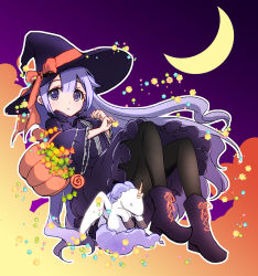 Rule 34 | 1girl, :o, alternate costume, azur lane, black pantyhose, boots, bow, candy, candy wrapper, commentary request, crescent, cross-laced footwear, dress, food, frilled dress, frills, full body, hair between eyes, halloween, halloween bucket, hat, hat bow, highres, lace-up boots, lollipop, long sleeves, looking at viewer, orange bow, pantyhose, parted lips, purple dress, purple eyes, purple footwear, purple hair, purple hat, solo, stuffed winged unicorn, sukireto, swirl lollipop, unicorn (azur lane), wide sleeves, witch hat