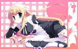 Rule 34 | apron, blonde hair, blush, garter straps, green eyes, hair between eyes, highres, long hair, lying, maid, maid apron, mary janes, shoes, solo, thighhighs, very long hair
