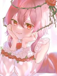 Rule 34 | 1girl, clothing cutout, commentary, flower, hands on own cheeks, hands on own face, highres, medium hair, natsume asa, nijisanji, nijisanji en, pink hair, red eyes, red flower, red rose, rose, rosemi lovelock, rosemi lovelock (1st costume), short sidetail, shoulder cutout, smile, solo, symbol-only commentary, thorns, virtual youtuber