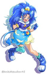 Rule 34 | 10s, 1girl, :d, absurdres, animal ears, ankake (ankakeudon48), blue bow, blue eyes, blue footwear, blue gloves, blue hair, blue neckwear, blue shirt, blue skirt, blue thighhighs, bow, bubble skirt, choker, clenched hand, crown, cure gelato, earrings, extra ears, full body, gloves, highres, jewelry, kirakira precure a la mode, layered skirt, lion ears, lion tail, long hair, looking at viewer, magical girl, mini crown, open mouth, precure, shirt, shoes, simple background, single thighhigh, skirt, smile, solo, tail, tategami aoi, thighhighs, twitter username, white background, white skirt