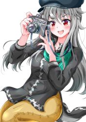 Rule 34 | 1girl, alice gear aegis, blush, camera, eggman (pixiv28975023), fang, grey hair, hair between eyes, hands up, hat, highres, holding, holding camera, jinguuji mari, long hair, long sleeves, looking at object, open mouth, red eyes, simple background, teeth, upper teeth only, white background
