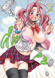 Rule 34 | 1girl, blush, bra, bracelet, breasts, bursting breasts, clothes lift, cloud, day, embarrassed, inconvenient breasts, itachou, jewelry, large breasts, motion blur, navel, nipples, open clothes, open mouth, open shirt, original, panties, pink bra, pink hair, pink panties, plaid, plaid skirt, popped button, purple eyes, shiny skin, shirt, skindentation, skirt, skirt lift, sky, solo, surprised, surprised arms, thighhighs, twintails, underwear, unfastened, upskirt, wardrobe malfunction, wind, wind lift