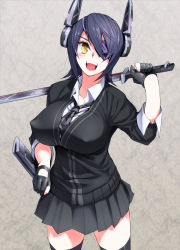 Rule 34 | 10s, 1girl, black hair, black thighhighs, breasts, covered erect nipples, eyepatch, fangs, fingerless gloves, gen (black factory), gloves, highres, kantai collection, katana, large breasts, looking at viewer, open mouth, short hair, smile, solo, sword, tenryuu (kancolle), thighhighs, weapon, yellow eyes