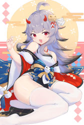 Rule 34 | 1girl, azur lane, blue bow, bow, grey hair, half mask, hibiki (azur lane), hibiki (new year&#039;s little imp) (azur lane), highres, horns, japanese clothes, kimono, long hair, looking at viewer, mask, nrdenchi, off shoulder, official alternate costume, open mouth, red eyes, red horns, red sleeves, solo, thighhighs, white thighhighs, wide sleeves
