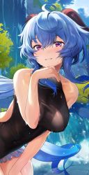 Rule 34 | 1girl, absurdres, ahoge, backless swimsuit, bare arms, bare shoulders, bent over, black one-piece swimsuit, blue hair, breasts, covered erect nipples, covered navel, ganyu (genshin impact), genshin impact, goat horns, grin, highres, horns, long hair, looking at viewer, low ponytail, medium breasts, one-piece swimsuit, outdoors, purple eyes, seicoh, smile, solo, standing, swimsuit, very long hair, water, waterfall, wet
