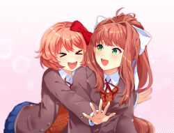 Rule 34 | &gt; &lt;, 2girls, :d, blue skirt, blush, bow, brown hair, brown sweater vest, buttons, chiimako, closed eyes, collared shirt, commentary request, doki doki literature club, dress shirt, gradient background, green eyes, grey jacket, hair between eyes, hair bow, hair intakes, high ponytail, hug, jacket, lapels, long hair, long sleeves, looking at another, looking back, monika (doki doki literature club), multiple girls, neck ribbon, open clothes, open jacket, open mouth, outstretched arms, pink background, pink hair, pleated skirt, polka dot, polka dot background, ponytail, raised eyebrows, red bow, red ribbon, ribbon, sayori (doki doki literature club), school uniform, shirt, short hair, sidelocks, simple background, skirt, smile, sweater vest, teeth, upper teeth only, very long hair, white background, white bow, white shirt, wing collar