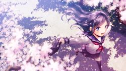 Rule 34 | 1girl, bad perspective, bag, black hair, black thighhighs, blue eyes, cherry blossoms, eyebrows, fal (fal-se-0), from above, full body, glass, grass, handbag, happy, highres, holding, holding bag, loafers, long hair, long sleeves, looking at viewer, neckerchief, open mouth, original, outdoors, outstretched arms, pleated skirt, sailor collar, school uniform, serafuku, shadow, shoes, skirt, smile, solo, spread arms, standing, teeth, thighhighs, tongue, tree, walking, zettai ryouiki