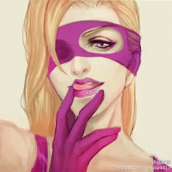 Rule 34 | 1boy, androgynous, artist name, bad id, bad pixiv id, blonde hair, chinese text, domino mask, gloves, grey background, haruka4413, jojo no kimyou na bouken, lipstick, long hair, makeup, male focus, mask, melone, portrait, purple eyes, simple background, solo, watermark, web address, weibo