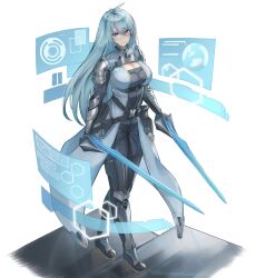 Rule 34 | 1girl, absurdres, azura cecillia, black footwear, black gloves, blue eyes, blue hair, blue jacket, bodysuit, boots, breasts, cleavage, commission, cosplay, dual wielding, elvandec, ethel (xenoblade), ethel (xenoblade) (cosplay), from above, gloves, grey bodysuit, hair between eyes, highres, holding, holding sword, holding weapon, holographic monitor, jacket, long hair, medium breasts, multicolored hair, nijisanji, nijisanji id, pink hair, second-party source, solo, standing, streaked hair, sword, thigh boots, very long hair, virtual youtuber, weapon, xenoblade chronicles (series), xenoblade chronicles 3