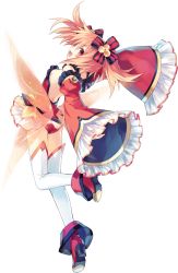Rule 34 | 1girl, alyn (fairy fencer f), bare shoulders, choker, detached sleeves, fairy fencer f, frilled skirt, frills, full body, lolita fashion, long sleeves, looking at viewer, looking back, miniskirt, official art, pink eyes, pink hair, red eyes, red hair, red skirt, skirt, smile, solo, thighhighs, transparent background, tsunako, twintails, white thighhighs