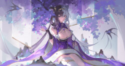 1girl absurdres azur_lane bare_shoulders black_gloves blue_eyes breasts chinese_commentary cleavage cleavage_cutout closed_mouth clothing_cutout cone_hair_bun crossed_bangs double_bun dress fingerless_gloves gloves hair_bun hairband highres jewelry large_breasts long_hair looking_at_viewer multicolored_hair paintbrush purple_dress purple_hair scroll single_thighhigh solo split-color_hair thighhighs white_hair white_thighhighs wide_sleeves ying_swei_(azur_lane) yunouou10