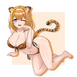 Rule 34 | 1girl, absurdres, animal ears, animal print, barefoot, bikini, blonde hair, blue eyes, cailleach bheur, chinese zodiac, commission, full body, hairband, highres, last origin, looking at viewer, navel, new year, noonnoon531, one eye closed, paw pose, pixiv commission, solo, star (symbol), string bikini, swimsuit, tail, tiger ears, tiger print, tiger tail, year of the tiger