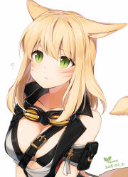 Rule 34 | 1girl, animal ears, arm strap, artist name, bad id, bad pixiv id, bare shoulders, black-framed eyewear, blonde hair, breasts, buckle, cleavage, collarbone, dated, facial mark, final fantasy, final fantasy xiv, flying sweatdrops, glint, goggles, goggles around neck, green eyes, iruyu, long hair, medium breasts, miqo&#039;te, parted lips, simple background, sleeveless, slit pupils, solo, tail, tareme, upper body, vest, whisker markings, white background