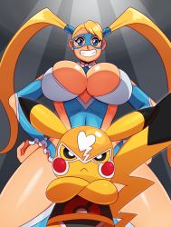 Rule 34 | 2girls, :&lt;, bad id, bad tumblr id, blonde hair, blue eyes, breasts, cleavage, cleavage cutout, clothed pokemon, clothing cutout, cosplay pikachu, creatures (company), crossed arms, crossover, eric lowery, game freak, gen 1 pokemon, grin, hands on own hips, highres, huge breasts, leotard, long hair, looking at viewer, mask, multiple girls, nintendo, pikachu, pikachu libre, pointy ears, pokemon, pokemon (creature), pokken tournament, rainbow mika, smile, street fighter, street fighter v, tail, twintails, wrestling outfit