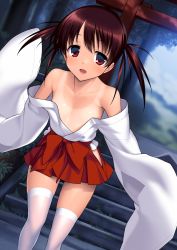 Rule 34 | 1girl, blush, brown hair, female focus, flat chest, highres, japanese clothes, looking at viewer, miko, no bra, off shoulder, one-piece tan, open mouth, outdoors, red eyes, saki (manga), short hair, shrine, smile, solo, suzume inui, tan, tanline, temple, thighhighs, torii, twintails, usuzumi hatsumi, white thighhighs
