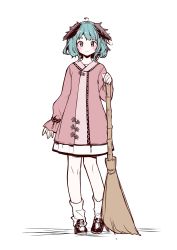 Rule 34 | 1girl, absurdres, ahoge, animal ears, bamboo broom, black footwear, blush, broom, commentary request, dress, floral print, full body, green eyes, green hair, highres, kasodani kyouko, loafers, long sleeves, looking at viewer, loose socks, namauni, pink dress, shoes, short hair, simple background, sketch, sleeves past wrists, socks, solo, standing, thick eyebrows, touhou, white background, white legwear