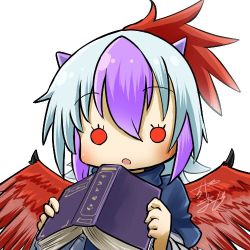 Rule 34 | 1girl, profile picture, blush, book, chamaji, close-up, commentary, feathered wings, feathers, grey hair, hair between eyes, horns, long sleeves, looking at viewer, lowres, multicolored hair, open book, open mouth, purple hair, red eyes, red hair, short hair, signature, simple background, solid circle eyes, solo, streaked hair, tokiko (touhou), touhou, turtleneck, upper body, white background, wings