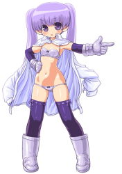Rule 34 | 1girl, bad id, bad pixiv id, bra, dd (ijigendd), elbow gloves, female focus, full body, gloves, hand on own hip, latex, lingerie, long hair, original, panties, pointing, pointing to the side, purple eyes, purple hair, shirt, simple background, solo, thighhighs, twintails, underwear, white background, white shirt