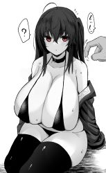 Rule 34 | 1girl, ?, absurdres, ahoge, asymmetrical hair, azur lane, beckoning, bikini, black hair, blush, breasts, choker, cleavage, commentary, commission, curvy, feet out of frame, freedom nakai, greyscale, hair between eyes, highres, huge breasts, jacket, long hair, looking at viewer, micro bikini, monochrome, off shoulder, official alternate costume, open clothes, open jacket, parted lips, plump, red eyes, side ponytail, simple background, sitting, solo focus, spoken question mark, spot color, string bikini, sweat, swimsuit, taihou (azur lane), taihou (enraptured companion) (azur lane), thighhighs, white background