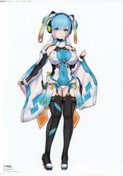 Rule 34 | 1girl, absurdres, aqua eyes, bare shoulders, blue hair, boots, breasts, clenched hand, copyright name, covered navel, facial mark, fingernails, full body, garter straps, gradient hair, headphones, high heel boots, high heels, highres, large breasts, leotard, long hair, long sleeves, looking at viewer, multicolored hair, nail polish, nidy, official art, page number, purple hair, scan, simple background, sleeveless, smile, solo, standing, thigh boots, thighhighs, toeless footwear, turtleneck, white background, wide sleeves