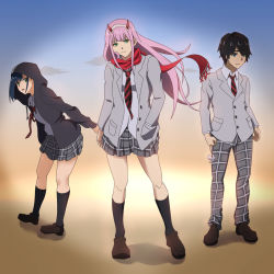 Rule 34 | 10s, 1boy, 2girls, absurdres, arm behind back, black jacket, blue eyes, blue hair, brown footwear, collared shirt, darling in the franxx, green eyes, grey pants, grey skirt, hand in pocket, hand on back, highres, hiro (darling in the franxx), holding, hood, hood up, hooded jacket, ichigo (darling in the franxx), jacket, long sleeves, looking at viewer, multiple girls, necktie, open clothes, open mouth, panties, pants, peinttokage, plaid, plaid pants, plaid skirt, pleated skirt, red neckwear, red scarf, scarf, school uniform, shirt, shoes, skirt, striped neckwear, underwear, white shirt, wing collar, zero two (darling in the franxx)