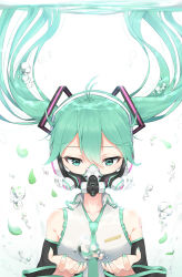 Rule 34 | 1girl, air bubble, antenna hair, applepie (12711019), aqua eyes, aqua necktie, bare shoulders, bubble, collarbone, collared shirt, detached sleeves, floating hair, grey shirt, hair between eyes, hatsune miku, headphones, highres, leaf, long hair, looking down, mask, nail polish, necktie, outstretched hand, scuba gear, shirt, sleeveless, sleeveless shirt, solo, tattoo, tsurime, twintails, underwater, upper body, vocaloid, white background