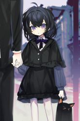 Rule 34 | 1girl, 1other, absurdres, ahoge, apartment, black dress, black hair, black pants, black suit, blue necktie, blue shirt, blurry, blurry background, building, buttons, child, crossed bangs, depth of field, dithered background, dithering, dot nose, dress, formal, frilled dress, frills, hair between eyes, height difference, highres, holding, holding hands, holding stuffed toy, long sleeves, medium hair, necktie, original, outdoors, pants, parted lips, purple eyes, rexxxlord, road, shirt, street, stuffed animal, stuffed cat, stuffed toy, suit