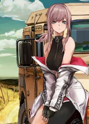 Rule 34 | 1girl, absurdres, aqua eyes, ar-57 (girls&#039; frontline), bare shoulders, black gloves, breasts, cloud, crop top, fingerless gloves, girls&#039; frontline, gloves, highres, jacket, lithographica, long hair, looking at viewer, medium breasts, midriff, motor vehicle, off shoulder, open clothes, open jacket, outdoors, own hands together, ponytail, shorts, single leg pantyhose, sky, solo
