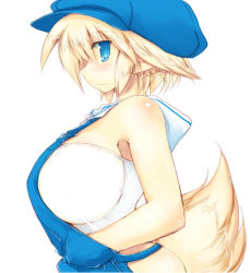 Rule 34 | 1girl, bare shoulders, blonde hair, blue eyes, blush, breasts, fox tail, hat, huge breasts, original, overalls, pointy ears, profile, sakaki (noi-gren), short hair, simple background, smile, solo, tail, white background