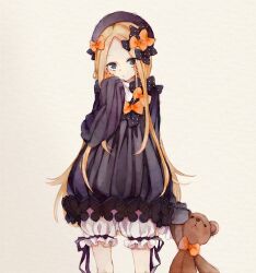 Rule 34 | 1girl, abigail williams (fate), black bow, black dress, black headwear, blonde hair, bloomers, bow, commentary request, cowboy shot, dress, dress bow, fate/grand order, fate (series), hair bow, hand up, holding, holding stuffed toy, long hair, long sleeves, orange bow, pinkusan, sleeves past fingers, sleeves past wrists, solo, stuffed animal, stuffed toy, teddy bear, underwear