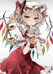 Rule 34 | 1girl, absurdres, ascot, blonde hair, blush, closed mouth, collared shirt, crystal, flandre scarlet, frilled shirt collar, frilled skirt, frills, gloves, hair between eyes, hat, highres, long hair, mob cap, one side up, ougiikun, red eyes, red skirt, red vest, shirt, simple background, skirt, smile, solo, touhou, vest, white background, white gloves, white hat, white shirt, wings, wrist cuffs, yellow ascot