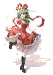 Rule 34 | 1girl, 80isiiii, absurdres, black footwear, blush, boots, bow, dress, frilled bow, frilled dress, frilled ribbon, frilled sleeves, frills, front ponytail, full body, green eyes, green hair, hair bow, hair ribbon, highres, kagiyama hina, long hair, open mouth, puffy short sleeves, puffy sleeves, red bow, red dress, red ribbon, ribbon, short sleeves, simple background, smile, solo, touhou, white background