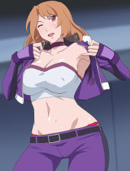 Rule 34 | 1girl, armpits, blue choker, blush, breasts, brown hair, bustier, choker, cleavage, collarbone, contrapposto, cowboy shot, cropped legs, fingerless gloves, gloves, jacket, large breasts, lipstick, looking at viewer, makeup, makino tomoyasu, medium hair, midriff, munekata arisa, navel, one eye closed, open clothes, open jacket, open mouth, panties, pants, purple eyes, purple gloves, purple pants, red lips, red panties, solo, stain, standing, standing on one leg, strapless, sweat, tomica hyper rescue drive head: kidou kyuukyuu keisatsu, tube top, underwear
