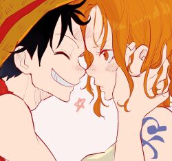 Rule 34 | 1boy, 1girl, aji of aji55, arm tattoo, black hair, blush, clenched teeth, closed eyes, commentary request, couple, hand on another&#039;s face, hat, hetero, highres, monkey d. luffy, nami (one piece), noses touching, one piece, orange eyes, orange hair, short hair, smile, straw hat, tattoo, teeth, upper body
